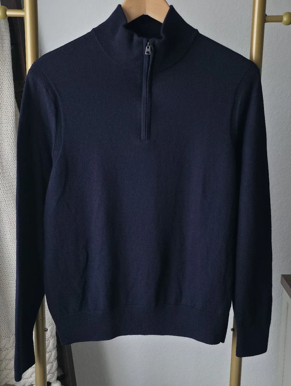 Banana Republic Men's Merino Wool Quarter-Zip Sweater, Navy, Medium 100% Wool